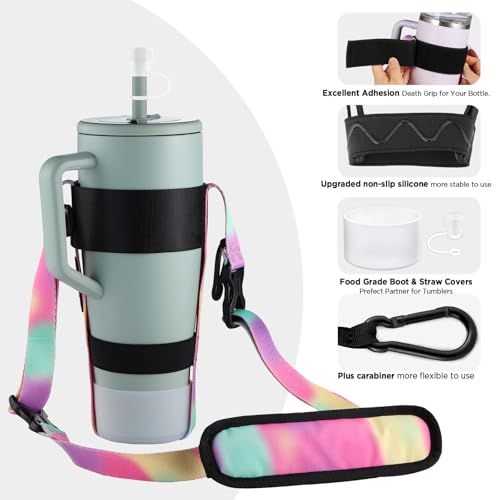 EasyAcc Water Bottle Holder Strap Sling, for Owala FreeSip 24 32 40 oz, Hydro Flask, Cirkul, Yeti, Stanley Flip, Universal Water Bottles, with Carabiner, for Walking Curise Travel (Bottle Excluded) - color: Rainbow - For 30/40oz Stanley Tumbler