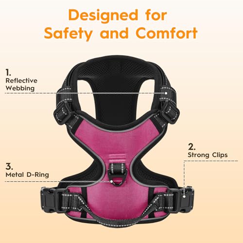 No Pull Dog Harness, No-Choke Soft Padded Reflective Dog Vest Harness with Front Clip & Top Handle, 2 Quick-Release Buckles, Adjustable for Small Medium Large Dogs - color: Hot Pink, size: X-Small