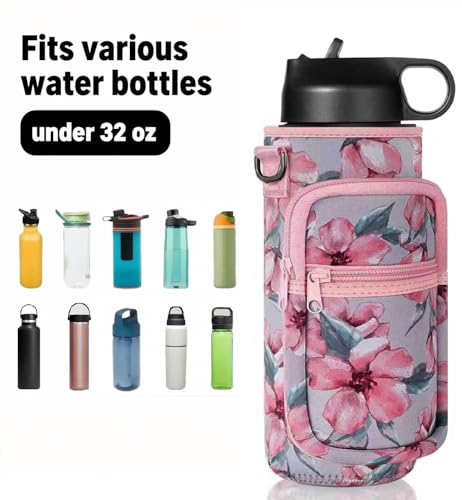 40oz Neoprene Water Bottle Sling with Phone Pocket, Crossbody - color: Flower Pink, size: 32oz Short
