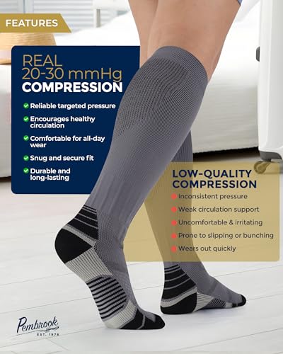 Pembrook 3 Pairs Compression Socks 20-30 mmHg - Compression Socks for Women and Men | Running, Athletic, Travel, Nurses - color: Black/White/Gray - 3 Pairs, size: Large
