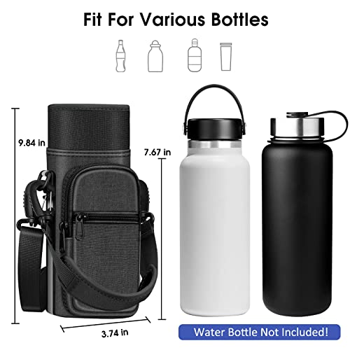 CaseBot Water Bottle Carrier Bag Sling Case, Sports Water Bottle Pouch Holder Sleeve with Adjustable Shoulder Hand Strap and 2 Pockets for Men Women Hiking Camping Travelling - color: Black