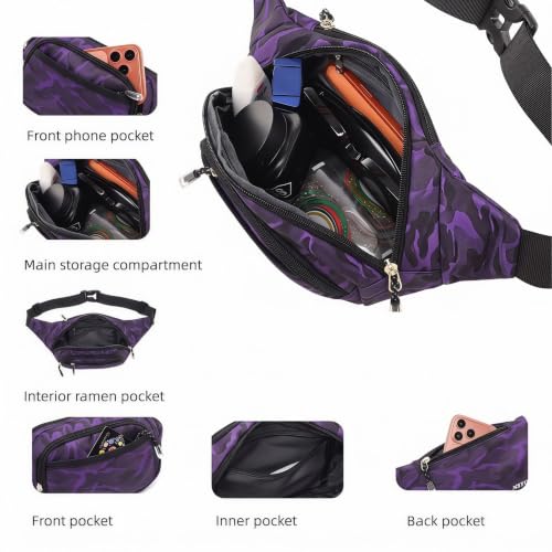 Large Fanny Pack for Women Men NSYOOMH, Crossbody Waist Bag 5-Zipper Pocket - color: Deep Violet