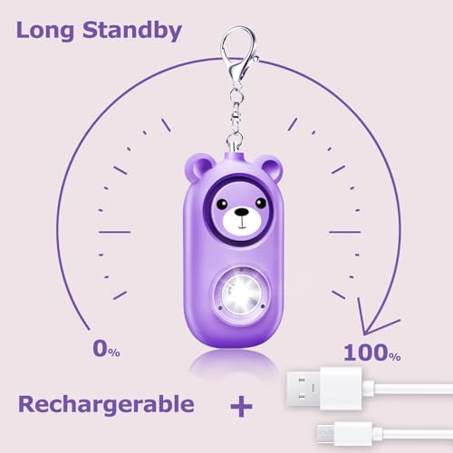 Personal Safety Alarm with LED Light, Rechargeable Cute Bear Design 130dB Self Defense Keychain Alarm, Emergency Security Alarm for Women Men Gilrs - color: Purple