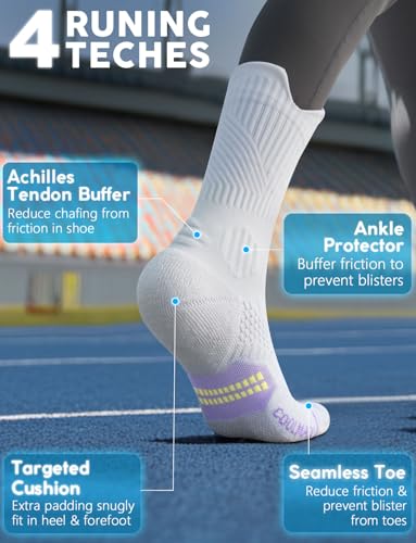 Juclise Women's Compression Crew Running & Hiking Socks, 3 Pairs, Cushioned - color: Bright Lilac, size: Medium