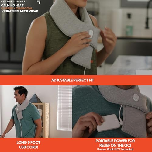 Calming Heat Neck Wrap by Sharper Image Copper & Charcoal Infused Personal Electric Neck Heating Pad with Vibrations, 3 Heat & 3 Vibration Settings- 9 Relaxing Combinations - size: Neck Wrap - 9 Combinations