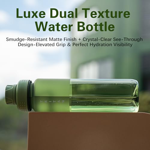 OLDLEY 32oz Water Bottle with Handle, BPA-Free Tritan Reusable Sports Water Bottle with Leak-Proof Dust Lid, Wide Mouth, Cup Holder Friendly, Half Frosted Clear Bottle for Gym,Travel,Work,Olive Green - color: Olive Green