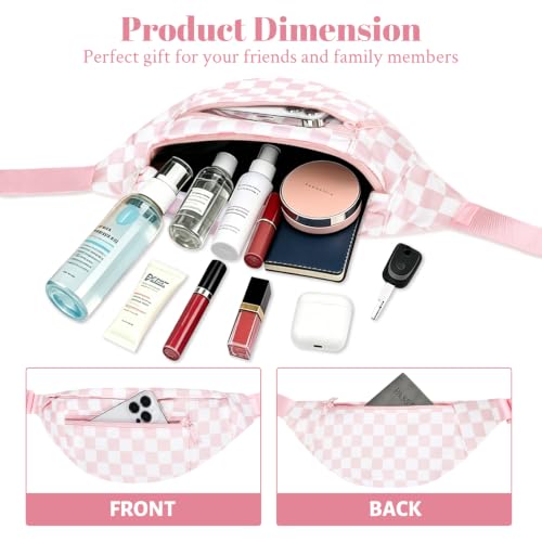 Crossbody Fanny Pack for Women Pink Checkered Bag with 4-Zipper Pockets - color: Checkered-Light Pink, size: Large