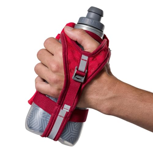 Nathan SpeedDraw 2 Insulated Handheld Running Water Bottle Flask 18oz – Double-Wall Insulation, Ergonomic Grip, Blast Valve Cap, Phone & Key Storage Pockets, Reflective Design - color: 18oz Insulated - Ribbon Red