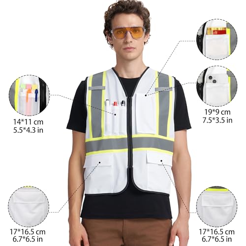 A-KSAFETY High Visibility Safety Vest for Men Women with Pockets and Zipper - color: White, size: XX-Large
