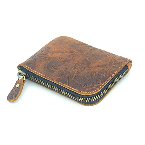 JJNUSA Genuine Leather Zipper Coin Purse Wallet With Key Car Smart Holder, Change Purse, Coin Pouch Holder For Men (Flower brown) - color: Flower brown