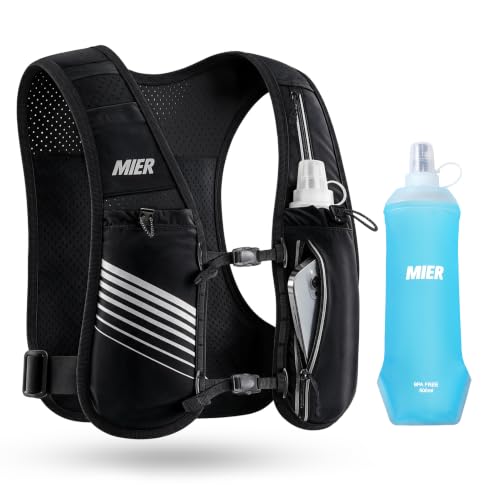 MIER Running Hydration Vest for Women Men, 500ml Soft Flask & Phone Holder - color: Black, size: Medium-Large