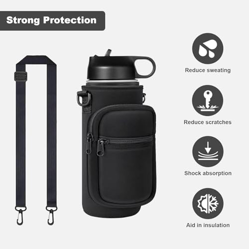 40oz Neoprene Water Bottle Sling with Phone Pocket, Crossbody - color: Black, size: 32oz Short