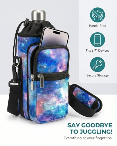 AUPET Water Bottle Sling Bag Sleeve Holder Carrier 25/32/40/64 oz,Insulated Crossbody Water Bottle Case Cover with Strap and Pockets for Men/Women Walking Hiking - color: blue starry sky, size: 32oz