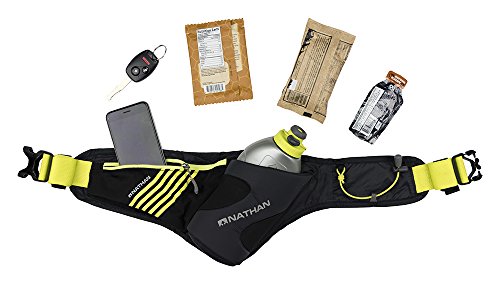 Nathan Peak Running Hydration Waist Pack Belt w/ Speed Draw Flask Water Bottle, 18oz/535 ml Push/Pull Race Cap, Expandable Zippered Stretch Pocket - color: Black