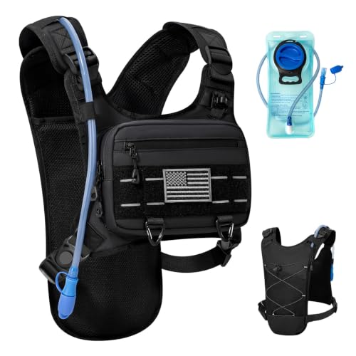 Running Hydration Vest with 2L Water Bladder， Lightweight Adjustable Hydration EDC Chest Pack for Men and Women, Water Backpack for Hiking, Cycling - color: Black