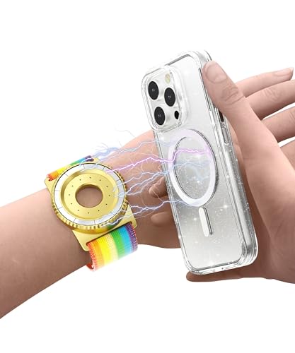BAISRKE Magnetic Running Armband for MagSafe Case - 360° Rotatable Phone Grip with Adjustable Scent Compartment & Detachable Lanyard Compatible iPhone/Android (Rainbow & Gold) - color: Rainbow&Gold, size: XL (fits Wrist/Armband up to 15")