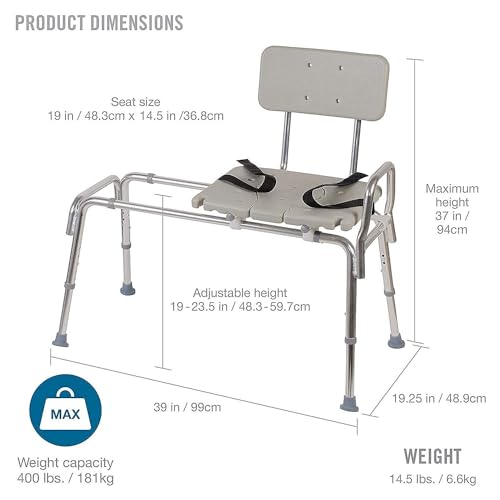 DMI Tub Transfer Bench and Shower Chair with Non Slip Aluminum Body, FSA Eligible, Adjustable Seat Height and Cut Out Access, Holds Weight up to 400 Lbs, Bath and Shower Safety, Transfer Bench - style: Standard Sliding
