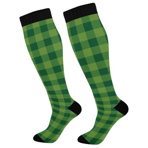 JUNZAN Buffalo Plaid Red Black Knee High Socks Compression Socks for Women Men Kid for Running Sports Nurse - color: Lucky Green Lumberjack Plaid