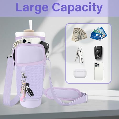 Water Bottle Carrier Bag for Stanley Cup 40/30oz, Neoprene Water Bottle Holder Pouch with 3 Pocket Adjustable Shoulder & Hand Strap - color: Rose Red