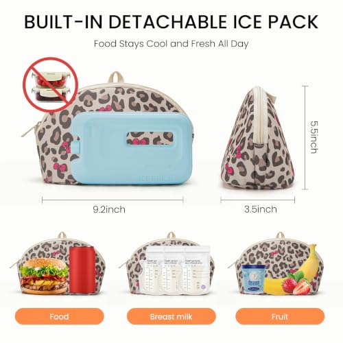 MEXS Small Cooler Bag, Freezable Snack Bag for Kids & Adults, Small Insulated Lunch Bag with Upgraded Thicker Ice Pack, Reusable Mini Cooler for Work/School/Travel - color: Leopard Bow