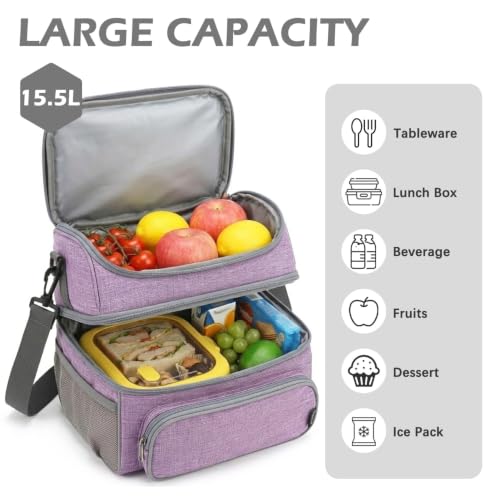 FlowFly Double Layer Cooler Insulated Lunch Bag Adult Lunch Box Large Tote Bag for Men, Women, With Adjustable Strap,Front Pocket and Dual Large Mesh Side Pockets - color: Purple
