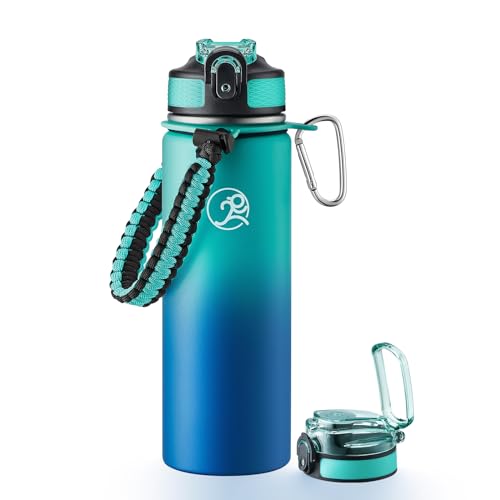 GOSWAG 24oz Insulated Stainless Steel Travel Water Bottle, 2 Lids - color: Green-Blue Ombré