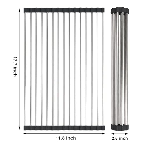 Searik Stainless Steel Over The Sink Dish Drying Rack, Roll Up Foldable Kitchen Sink Drainer Rack (17.7"x 11.8") - color: Black, size: 17.7"x11.8"