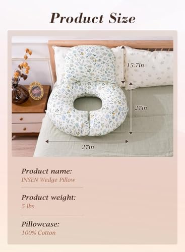 INSEN Wedge Pillow Set for Sleeping and After Surgery, Use for Acid Reflux, Reading and Relaxing, Headboard Pillow for Sitting in Bed - color: Green Flower