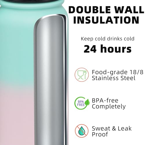 Fanhaw 24oz Stainless Steel Water Bottle with Chug Lid, Green Pink - color: Green Pink, style: 24 Ounces