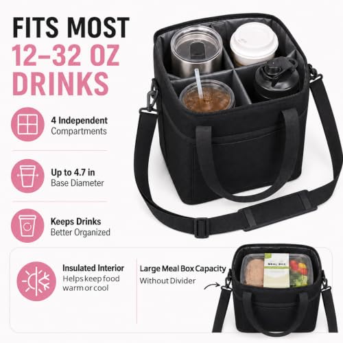 Structured Drink Carrier Bag, Family Size 4 Compartment Drink Bag - color: Deep Black