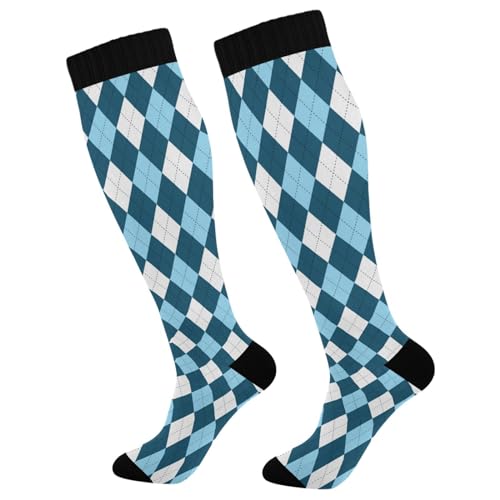 JUNZAN Buffalo Plaid Red Black Knee High Socks Compression Socks for Women Men Kid for Running Sports Nurse - color: Argyle Plaid Blue White