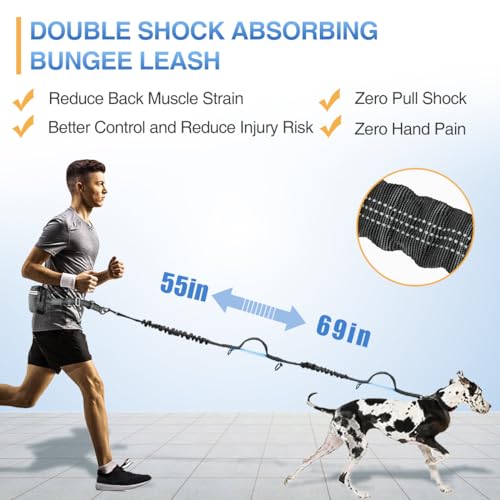 Kytely Hands Free Dog Leash with Zipper Pouch, Wide Padded Waist Dog Running Leash for Medium and Large Dogs, Dual Padded Handles, Retractable Bungee for Walking Jogging Training Hiking - size: Medium/Large