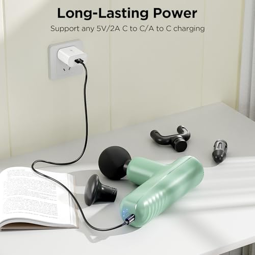 Mini Massage Gun, Powerful Handheld Muscle Massager for Muscle Relaxation, Deep Tissue Percussion Small Massage Gun Travel Massager with 4 Massage Heads Silent Brushless Motor, Green - color: Green