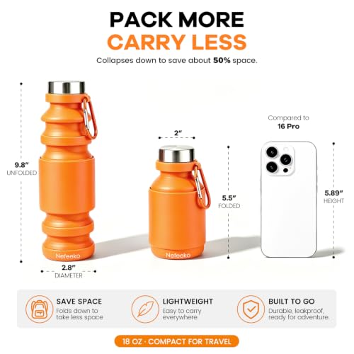 Nefeeko Collapsible Water Bottle, Reuseable BPA Free Silicone Water Bottles - color: Orange-18oz
