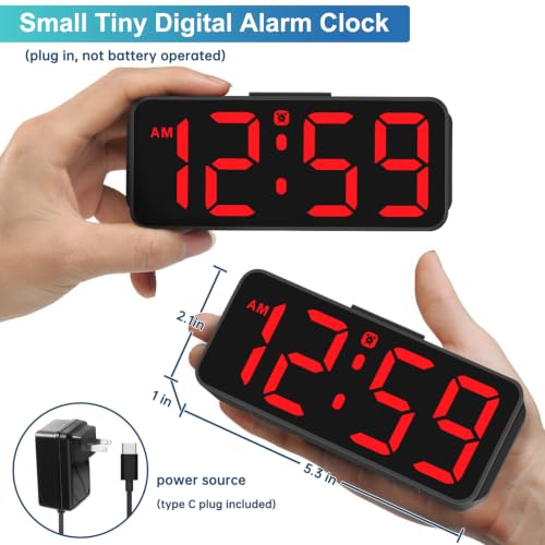 Peakeep Small Digital Alarm Clock for Bedroom, Large Number, Battery Backup - color: Red Digits (Plug-in, Ultra-compact)