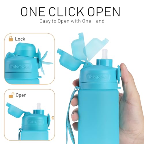 TakeToday Collapsible Water Bottles 21oz (600mL), Foldable Platinum Silicone Travel Water Bottle with Straw & Carry Strap, Leak-Resistant Screw Lid, Wide Mouth, BPA-Free for Hiking, Camping, Travel - color: Ocean Breeze