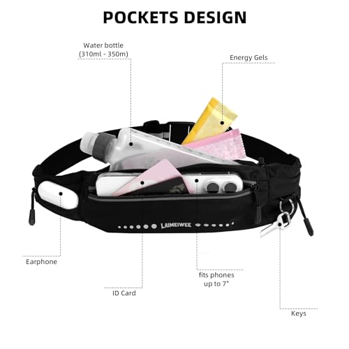 Lightweight Running Belt, Water-Resistant Waist Pack for Women & Men, 4-Zone Organization Fits Up to 7" Phone, Reflective Strips Design for Marathon Training, Jogging, Hiking, Commuting - color: Black
