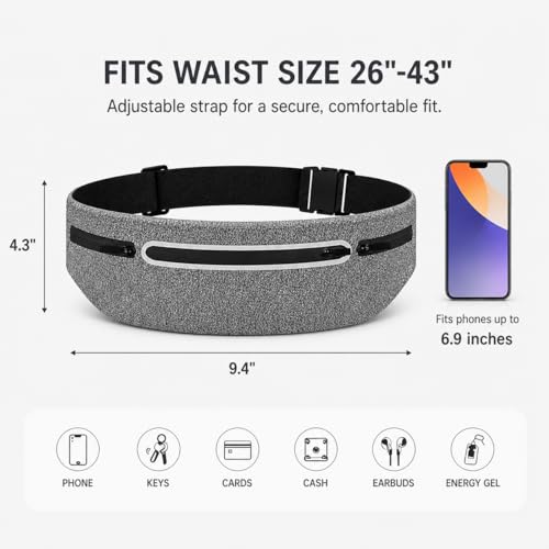 Slim No-Bounce Running Belt - Waterproof Exercise Waist Pack for Marathons, Hiking & Dog Walking - Hidden Travel Money Belt for Phones - color: Light Gray