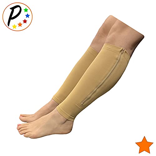 Presadee Calf Zipper 15-20 mmHg Compression Leg Circulation Fatigue Shin Sleeve (Beige, S/M) - color: Beige, size: Small/Medium (Pack of 1)