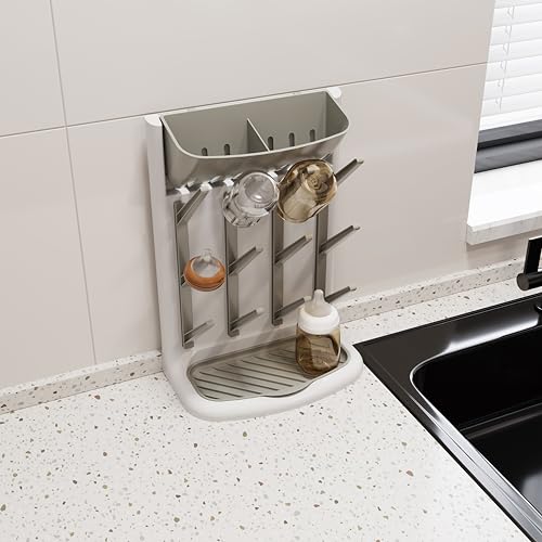 IEEK Baby Bottle Drying Rack,Space Saving Countertop Drying Rack for Baby Accessory & Pump Parts,Suction Cup Wall Mounted Bottle Rack Holder Large Vertical Drying Tower,Grey and White - size: Bottle rack with suction cup