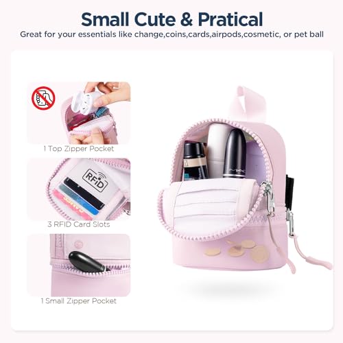 Babysun Mini Backpack Keychain Wristlet Pouch Small Change Coin Purse Cute Zipper Wallet With 3 RFID Card Slots For Women/Men Airpods Cosmetics - color: Baby Pink