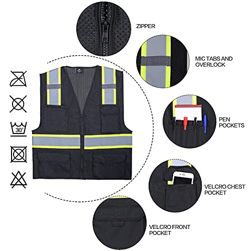VENDACE Hi Vis Safety Reflective Mesh Vest for Men ANSI Class 2 High Visibility Vest with 8 Pockets and Zipper - color: Black, size: Large