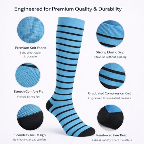 Diamond Star 6 Pairs Compression Socks for Men & Women, Knee High Socks - color: 6 Pairs (Teal/Black)