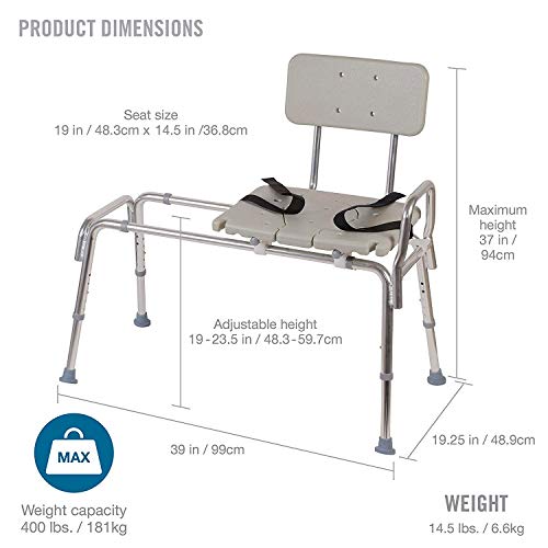 DMI Tub Transfer Bench and Shower Chair with Non Slip Aluminum Body, FSA Eligible, Adjustable Seat Height and Cut Out Access, Holds Weight up to 400 Lbs, Bath and Shower Safety, Transfer Bench - style: Standard Sliding