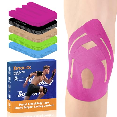 KTQUICK Precut Kinesiology Tape for Knees,24 PCS,20% Stronger Adhesive Pink - color: Pink, size: 24PCS