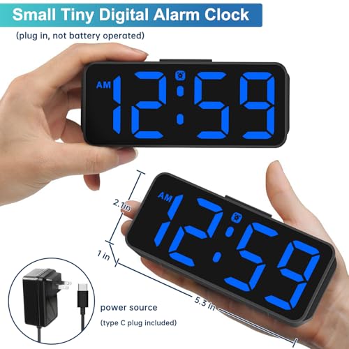 Peakeep Small Digital Alarm Clock for Bedroom, Large Number, Battery Backup - color: Blue Digits (Plug-in, Ultra-compact)