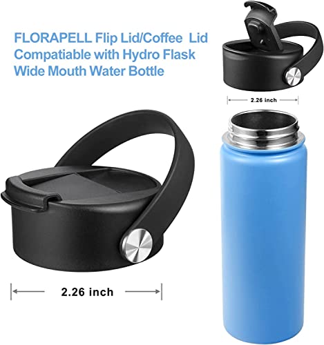 FLORAPELL Lid Compatible with Hydro Flask 12 16 18 20 32 40 OZ Wide Mouth, Flip Lid Replacement Lids with Flex Strap Handle, Leak-Proof Flask Cap for Hydro Flask Coffee Mug - color: Black 2 Pack