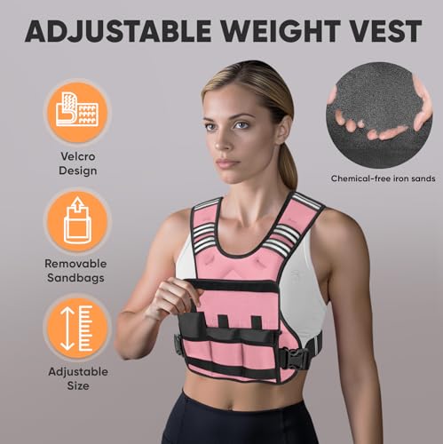 APEXUP Adjustable Weighted Vest, 4-10lb/12-18lb/20-32lb Vest with 6 Ironsand Weights and Large Pocket, Weight Vest for Men Women Strength Training, Running, Walking - color: Pastel Pink, size: 12-18lbs