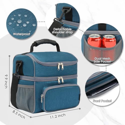 FlowFly Double Layer Cooler Insulated Lunch Bag Adult Lunch Box Large Tote Bag for Men, Women, With Adjustable Strap,Front Pocket and Dual Large Mesh Side Pockets - color: Lake Blue