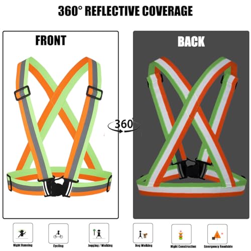 5 Pack Reflective Safety Vest for women, men and kids, Lightweight & Adjustable hi vis vest for Running, Cycling, Rucking - color: Neon Green/Orange